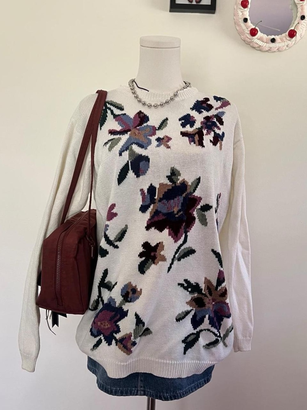 vintage Alfred Dunner Cream Knit Sweater with Navy and Green Floral Accents